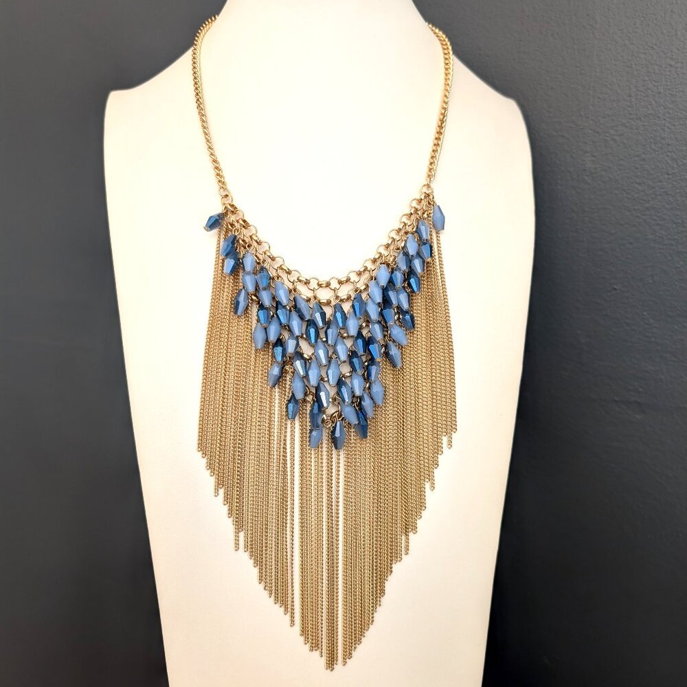 Chain tassel necklace with blue glass beads